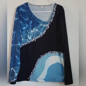 Exclusive Plus Size Colorblock Long Sleeve Polyester Top Sz XL